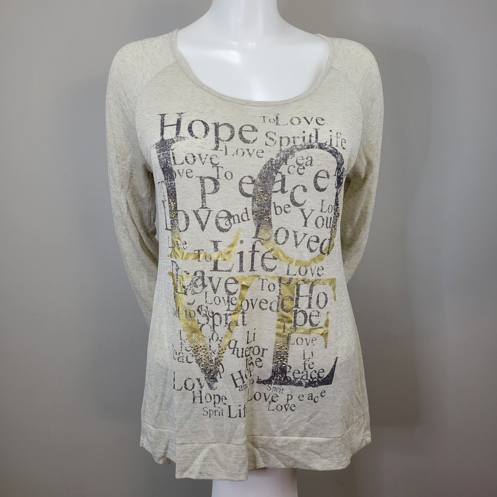 Cato Beige Burn Out Embellished Raglan Long Sleeve Top Size M